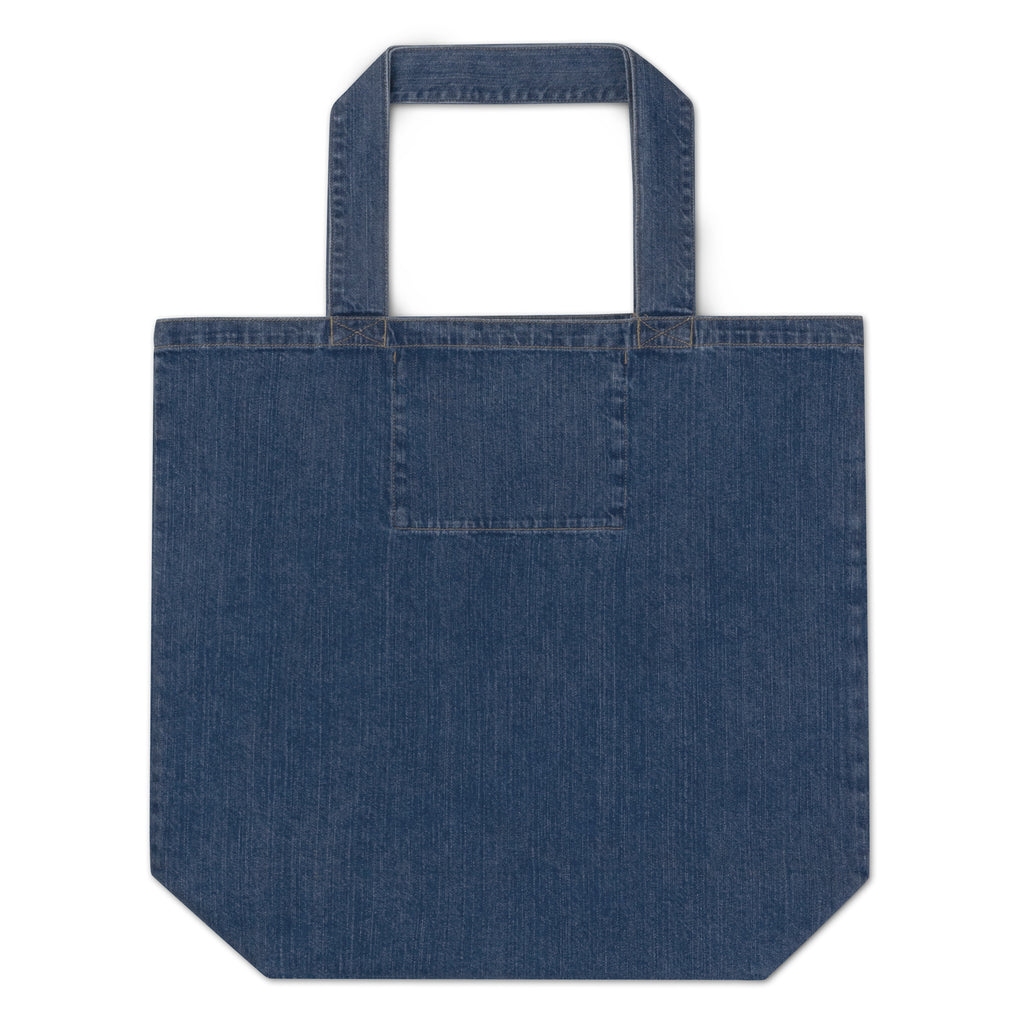Back of blue Summer’s Here organic denim tote bag