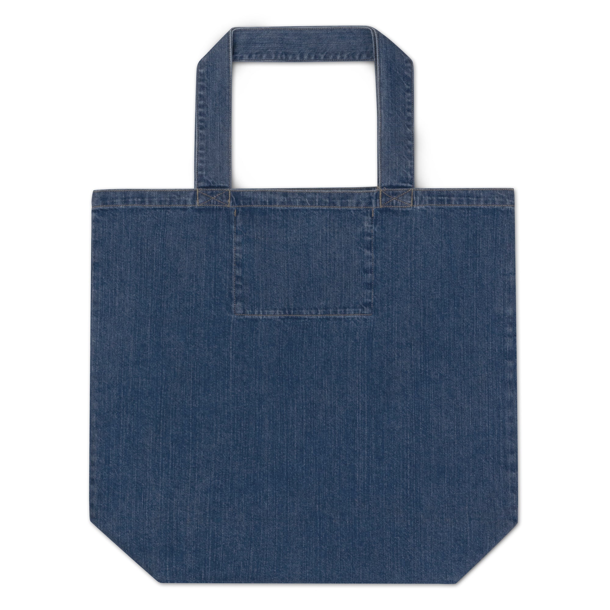 Back of blue Summer’s Here organic denim tote bag