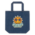 Front of blue Summer’s Here organic denim tote bag